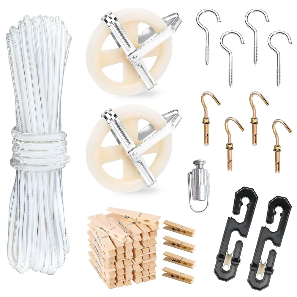 Clothesline Kit Outdoors, Clothes Line Pulley Kit, 164ft Polyester Clothes Li...