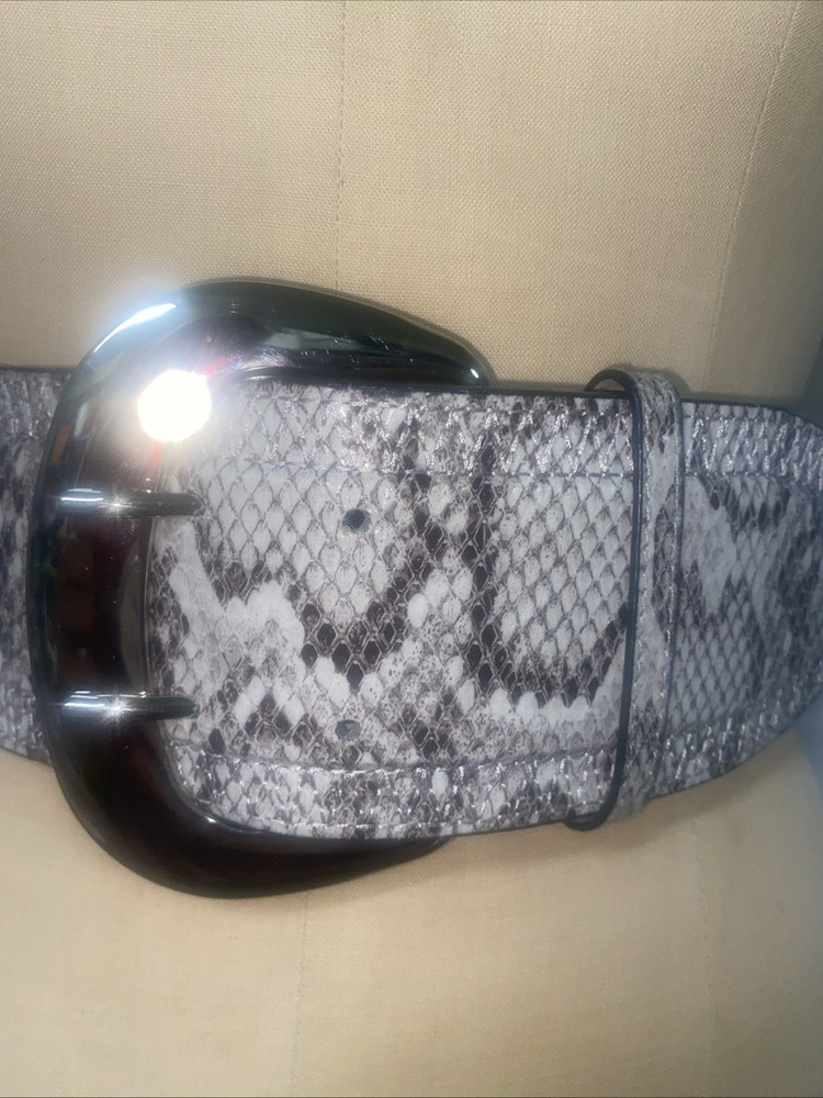 Python Snake Skin Leather Belt Stretch Back 3” Wide Silver Tone Double Buckle M