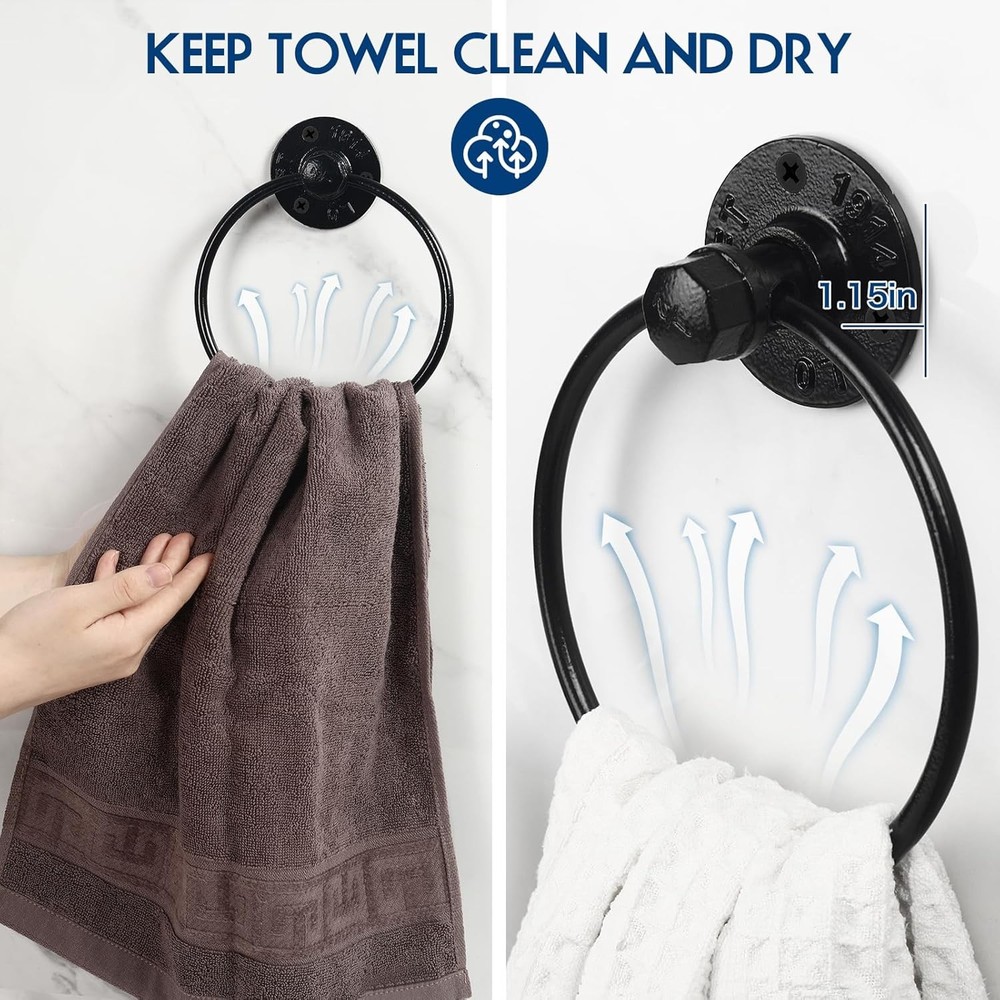 Industrial Towel Ring Rustic Pipe Hand Holder Wall Mounted for Black