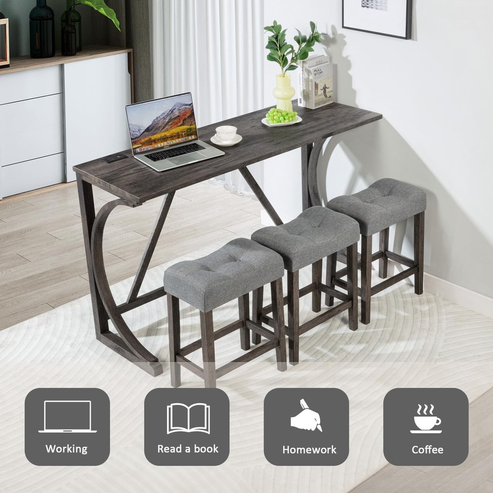 4 Piece Bar Table Set with USB Port, Kitchen Table with 3 Upholstered Stools,...
