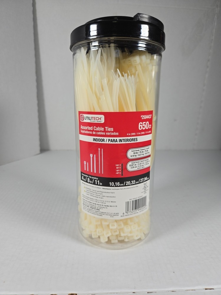 UTILITECH ASSORTED CABLE / ZIP TIES WHITE 4" 8" & 11" 650ct NEW