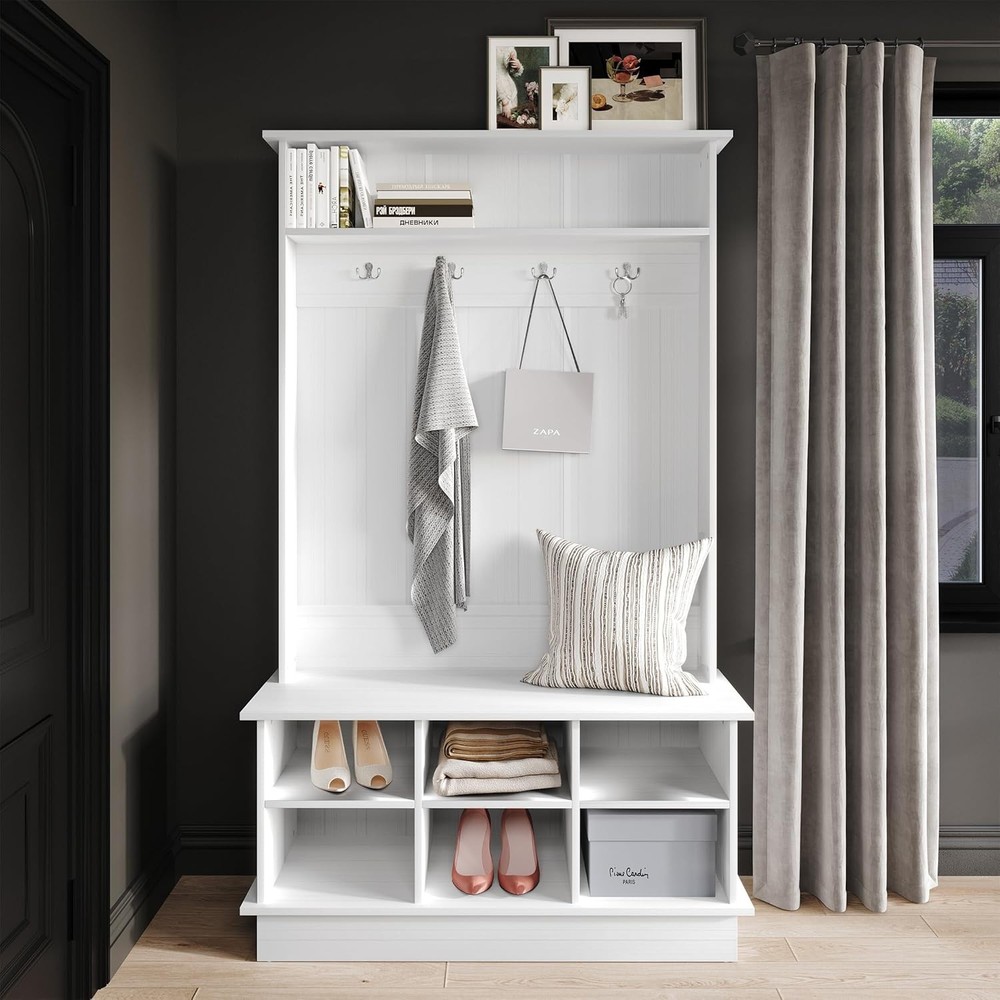 Entryway Hall Tree W/ Bench & 6 Storage Cubbies White