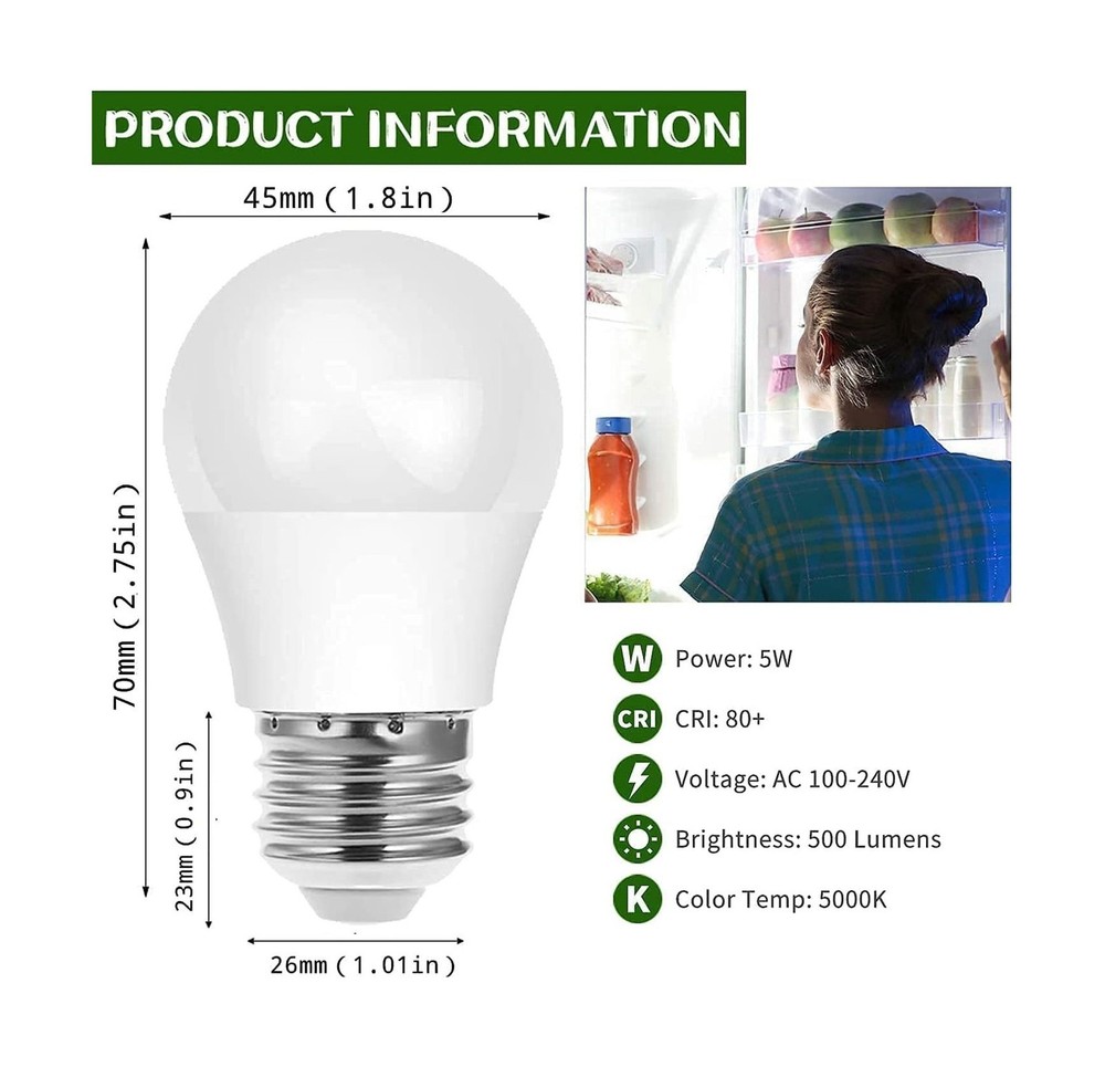 LED Refrigerator Light Bulb, 40W Equivalent LED A15 Bulb, 5W Daylight 5000K E...