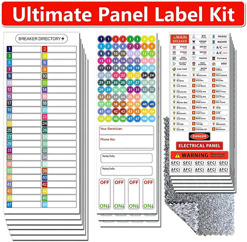 Ultimate 48 Circuit Electrical Panel Labels Kit with Cleaning Cloth, Waterpro...