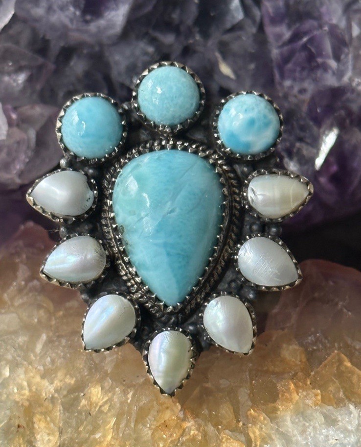 Larimar & Pearl Cluster Southwestern Sterling Silver Ring