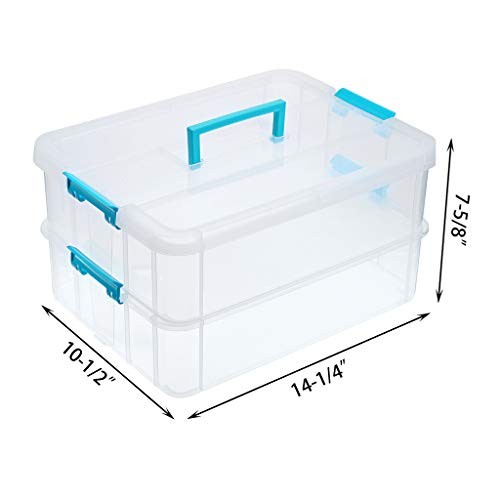 2-Tiers Stack Carry Storage Box With Handle, Transparent Stackable Blue