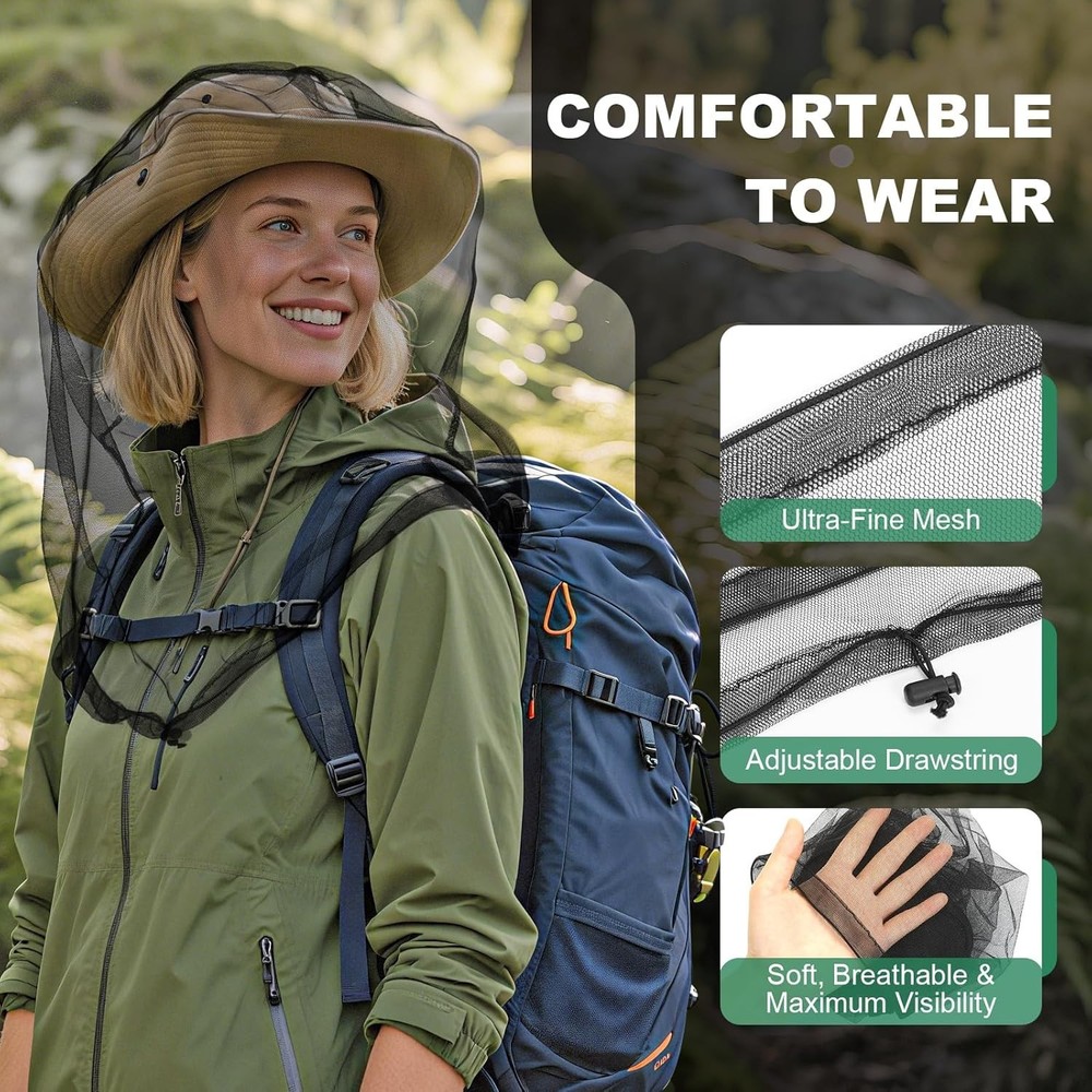 2 Pack Premium Mosquito Head Nets with Drawstring, Breathable Ultra Large