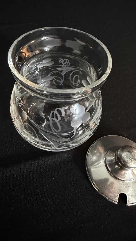 Vintage Sterling Silver Lidded Etched Glass Small Jam Jar