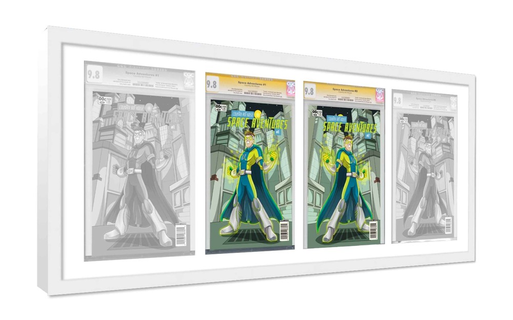 White Comic Book Frame W/ White Mat For 4 Graded Comics Horizontally