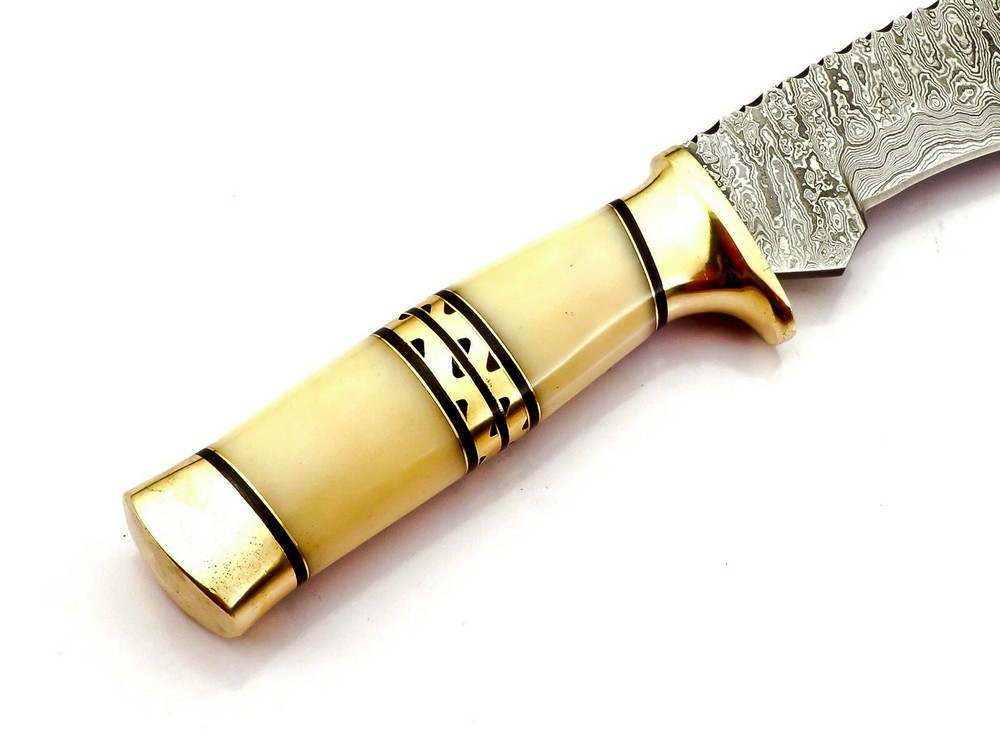 Damascus Kukri Knife Exotic Camel Bone and Brass Handle Ladder Pattern Sharp 17