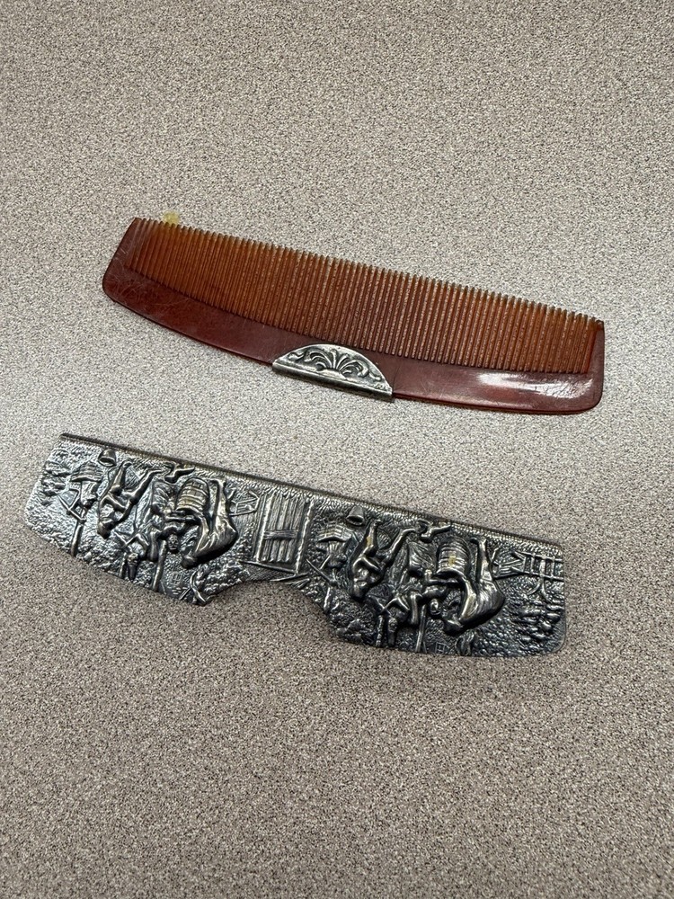 Silver Dutch Scene Comb Case With Comb, “DENMARK”
