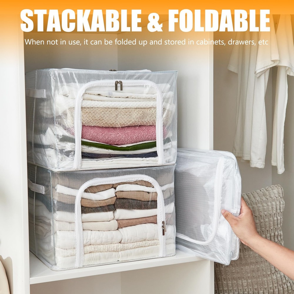 Clear Stackable Clothes Storage Bins with Metal Frame, Foldable Storage with ...