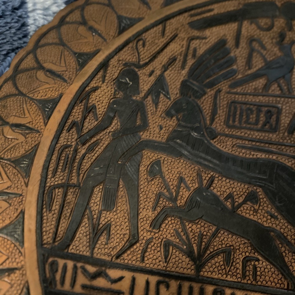 ANTIQUE FOOTED COPPER AND SILVER EGYPTIAN THEME PLATE