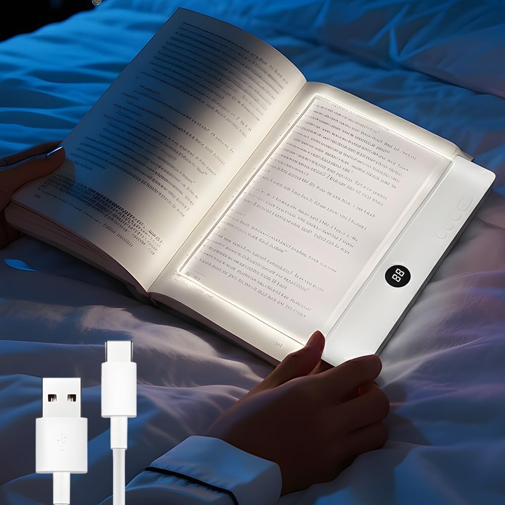 Rechargeable Flat Book Light: Transparent LED, 3 Color Modes, Brightness & Timer