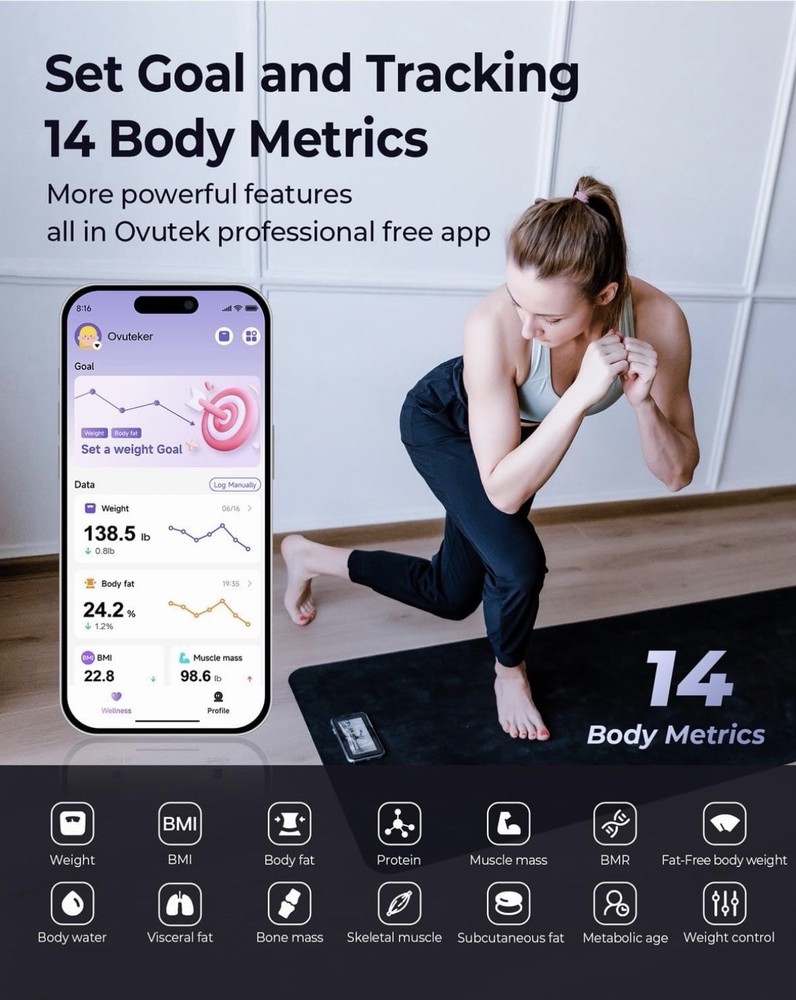 Ovutek ROYYT+ Smart Body Analyzing Digital Glass Scale, Bluetooth Sync, Black