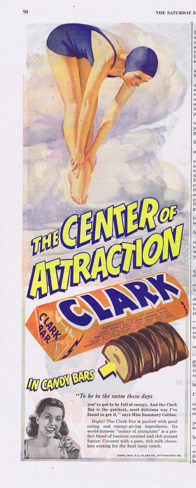 1947 CLARK Candy Bar Swimmer Diving Print Ad