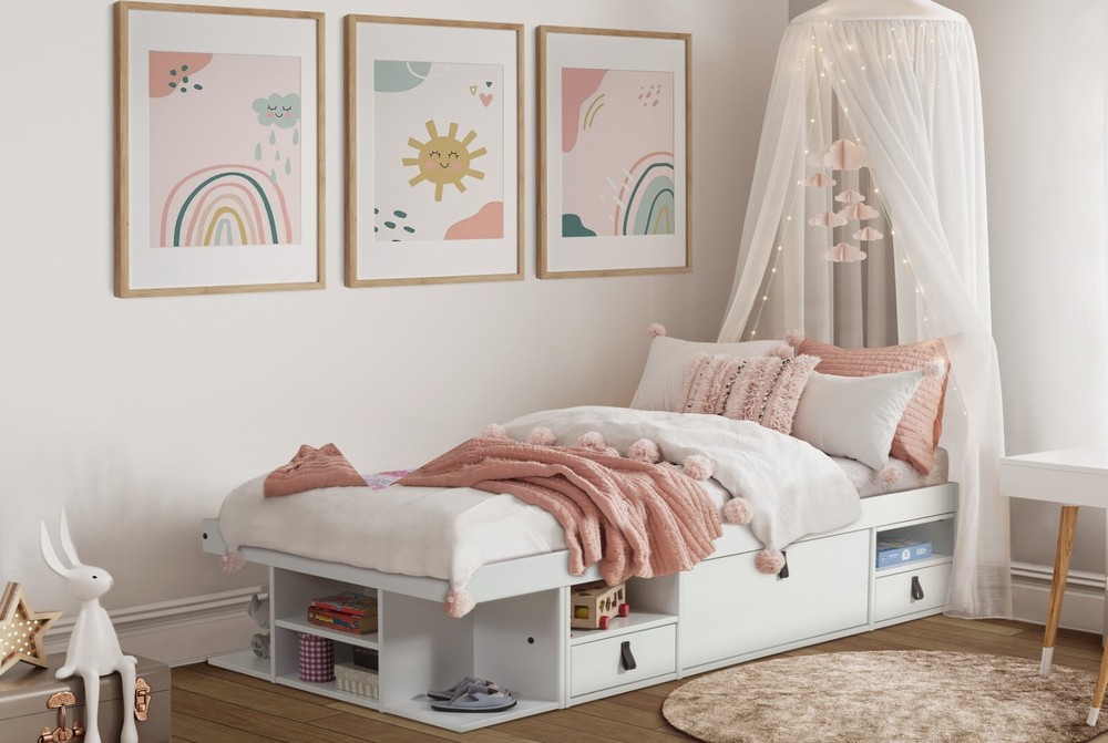 Memomad Bali Bed - Twin Size Storage Platform Bed Frame with Drawers (White)