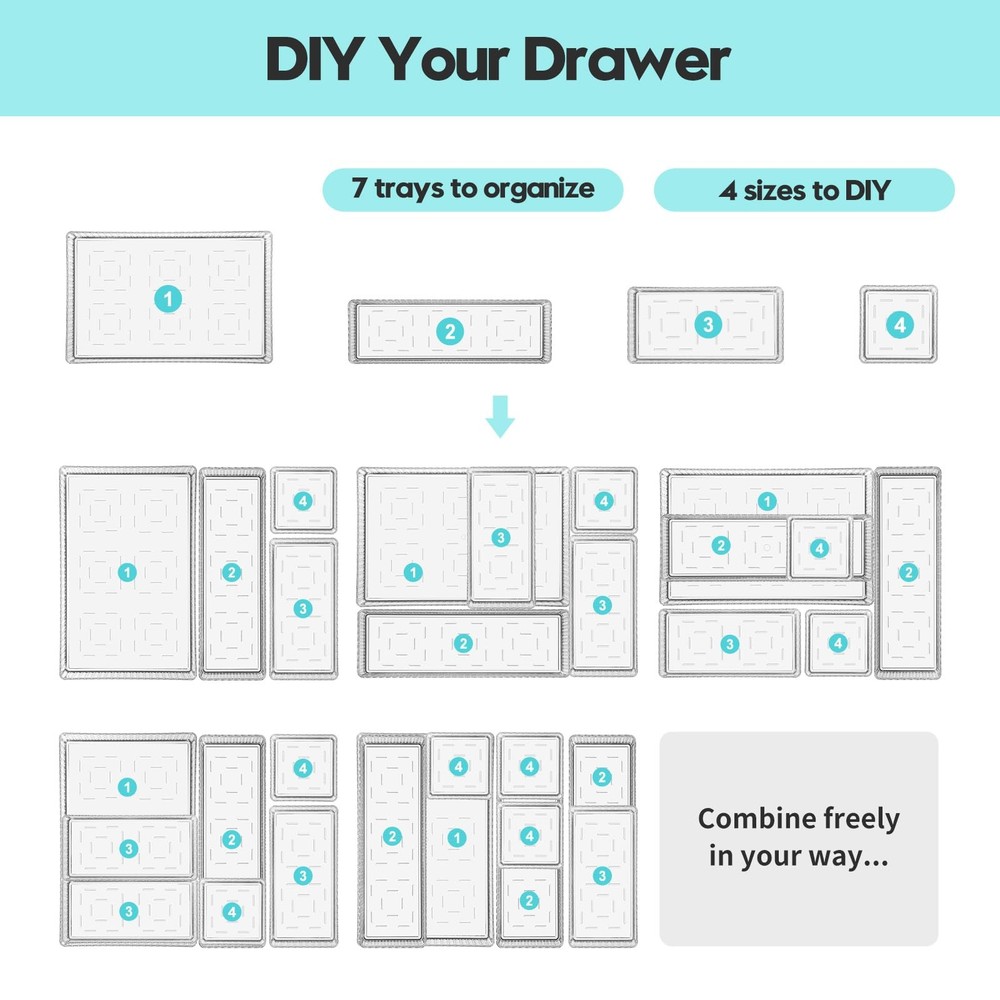 7 Pc Clear Drawer Organizer Bins, 4-Size, Stackable, Buckles, Makeup, Vanity