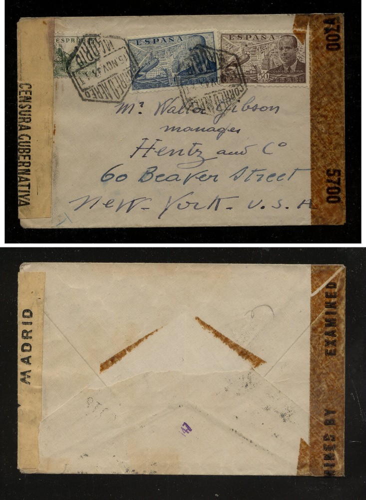 Spain  double  censor cover to  New  York            JS0120