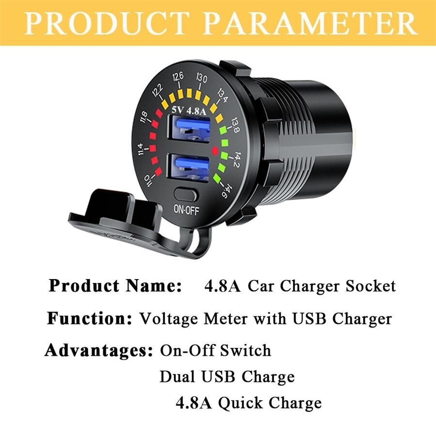 4.8A Car Charger Cigarette Lighter Socket Power Outlet W/LED Voltmeter Switch