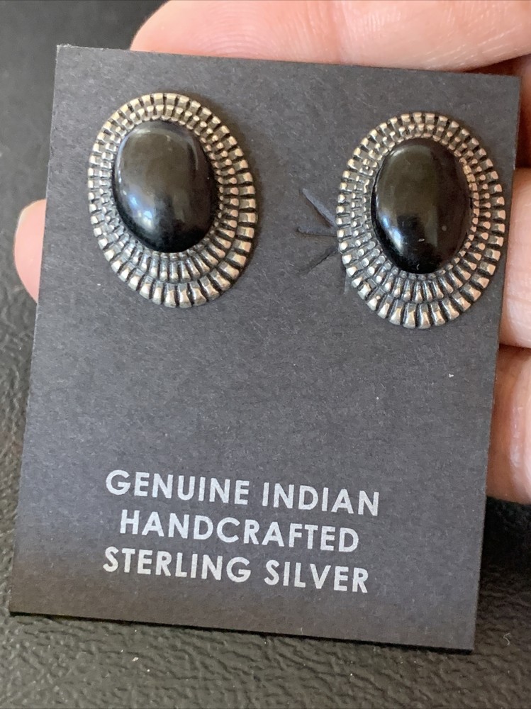 Black Onyx Navajo Sterling Silver Stud Post Earrings 0.5" 12643