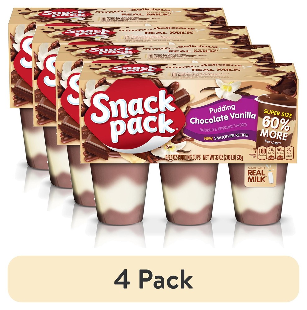 (4 pack) Snack Pack Chocolate Vanilla Flavored Pudding, Super Size, 6 Count