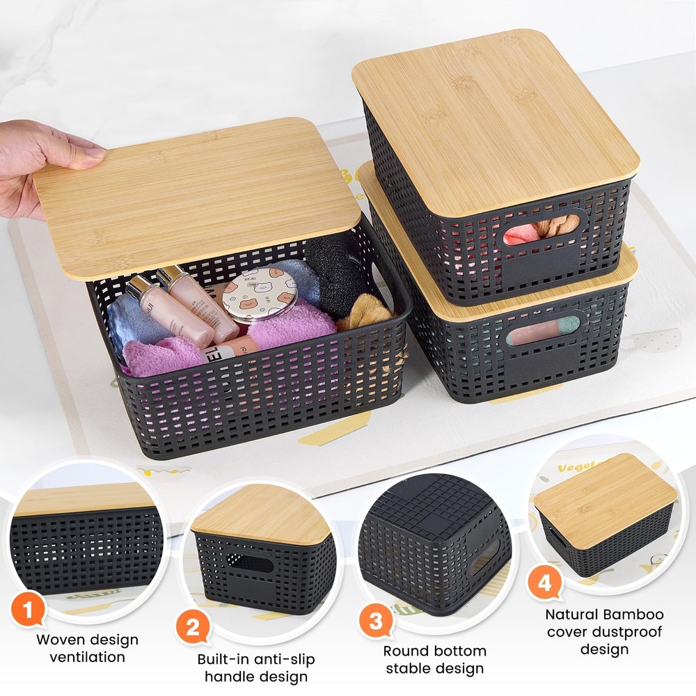 Plastic Storage Baskets With Lid - Plastic Storage Containers Stackable Stora...