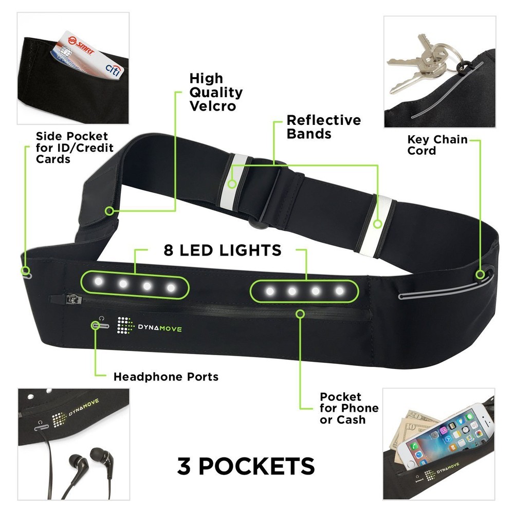 Dynamove Running belt for Iphone or Android with Motion Powered LEDs (S,M, or L)