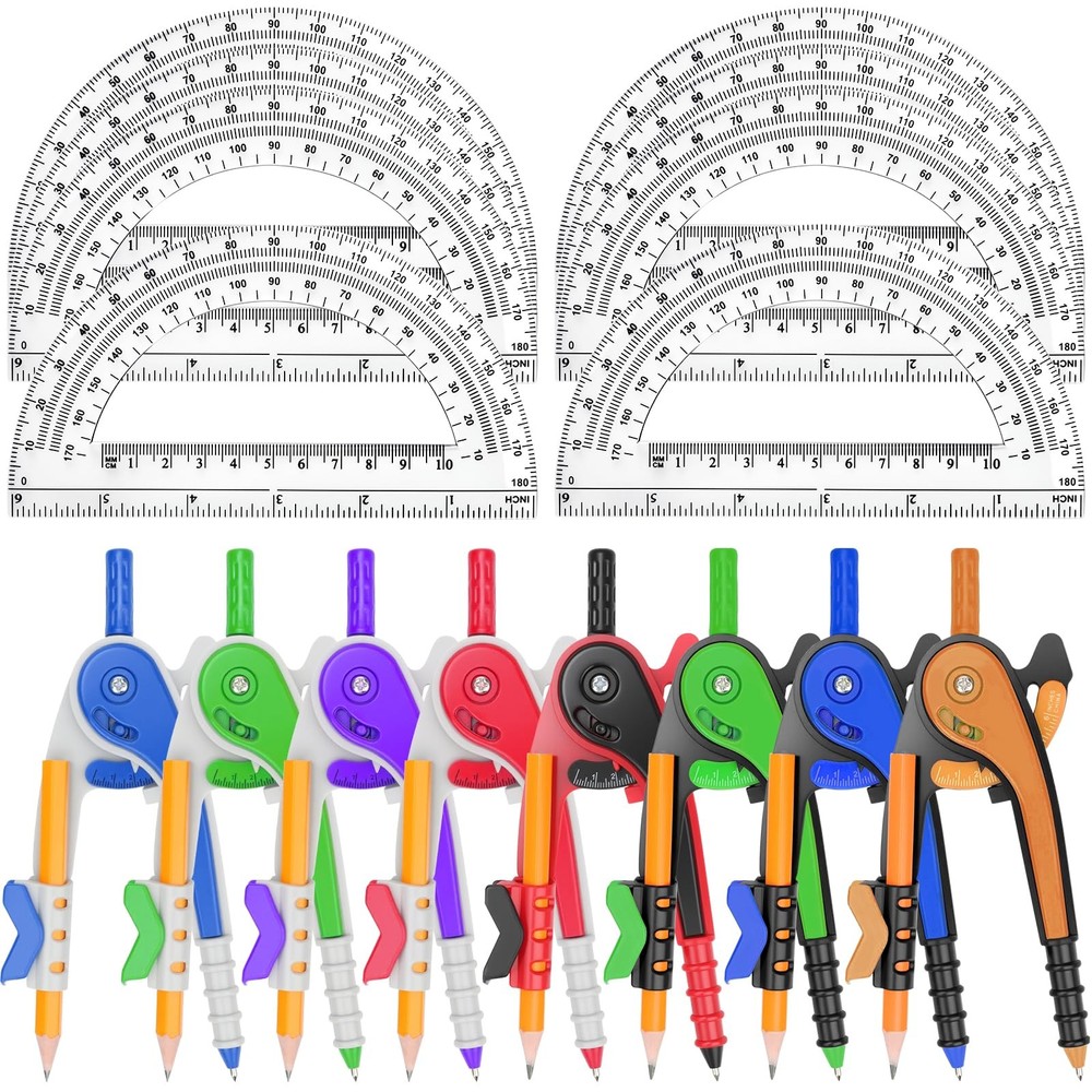 16-Pack Math Compass, Protractor Set with Pencils for Geometry, Drawing, Bulk
