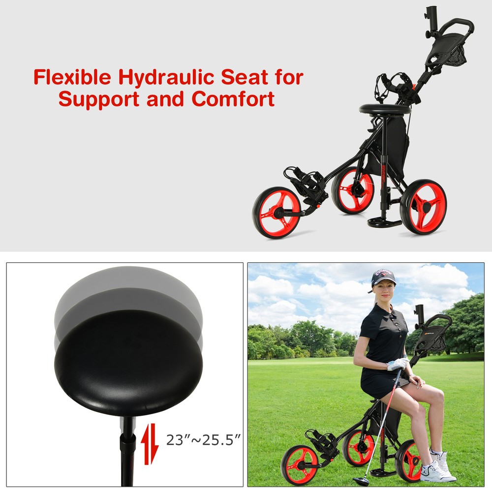 3-Wheel Foldable Golf Push Pull Cart Trolley w/ Seat Adjustable Handle Red