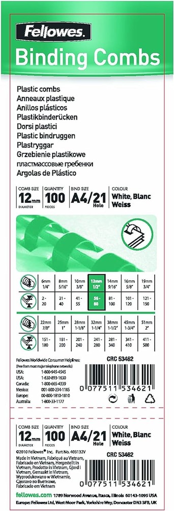 Fellowes A4 12 mm Plastic Binding Combs for Comb Binding Machine, Binds 56 to 80
