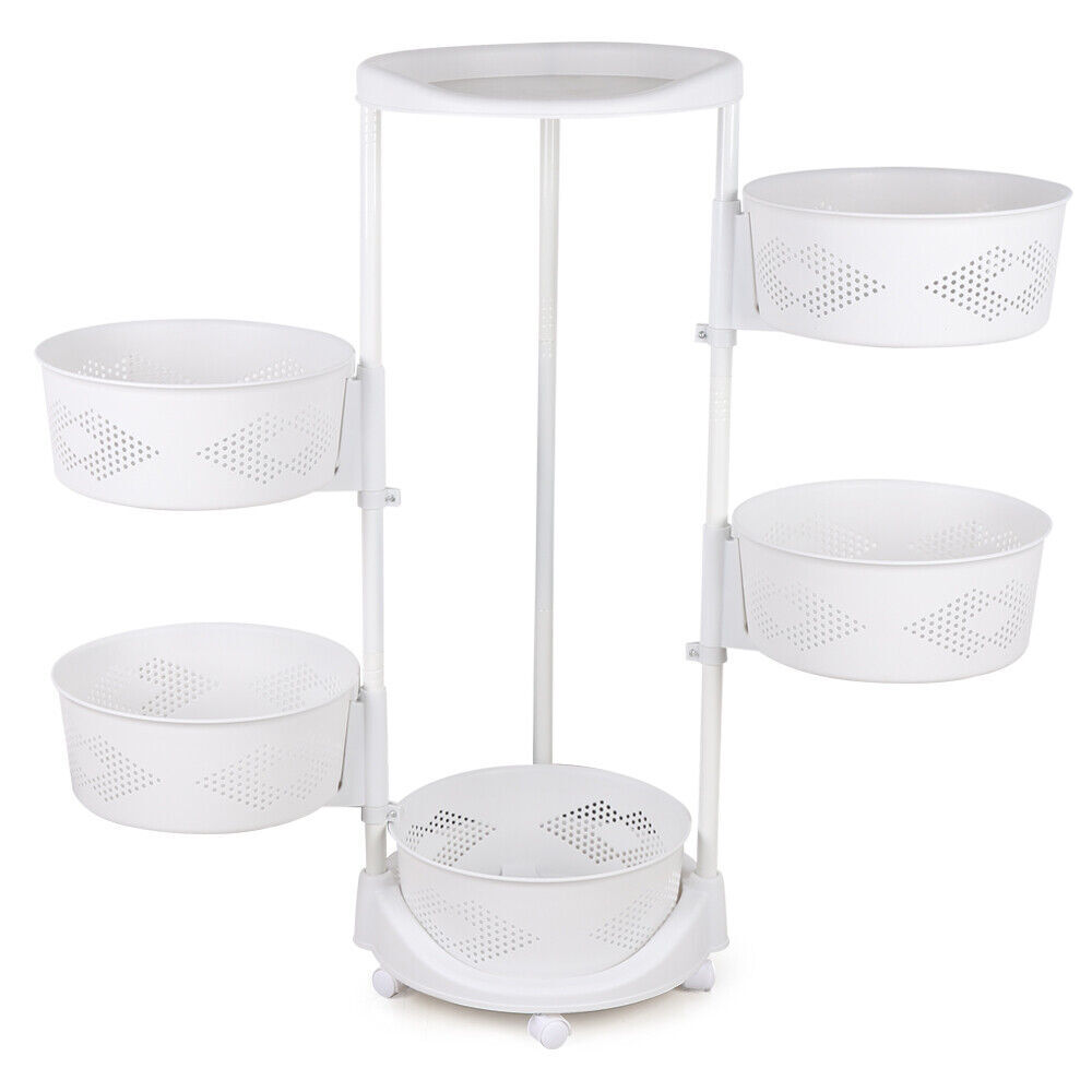 5 Layer Kitchen Rotating Organizer Rack Fruit Vegetable Storage Basket w/ Wheels