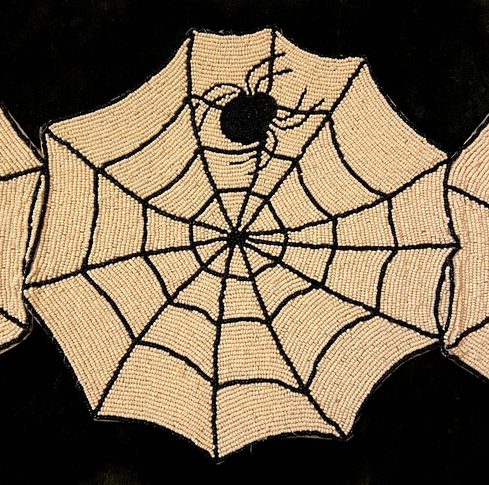 HALLOWEEN SPIDER WEB BEADED 13" X 39" RUNNER, MAX STUDIO