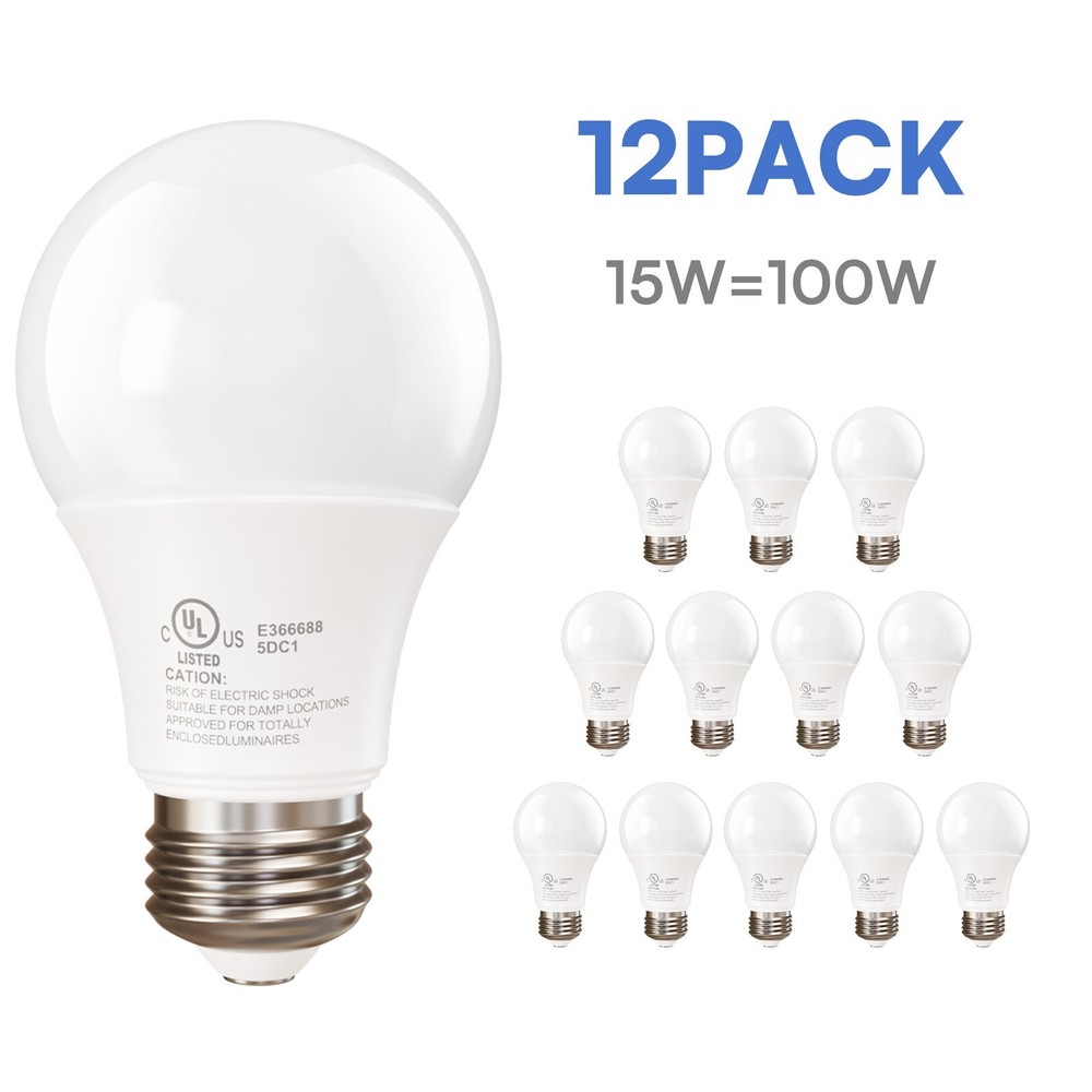 12/24Pack A19 LED Light Bulbs 15W Equivalent 100W Replacement Daylight 5000K E26