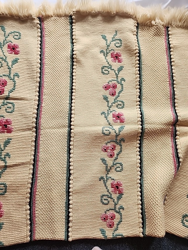 Hand Crocheted + Needle Work. Throw Blanket Cream With Flowers. 62x40