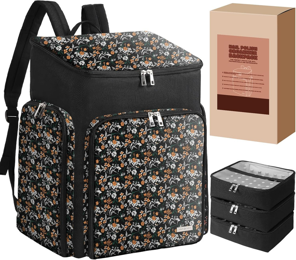 Floral Pattern Nail Polish Storage Backpack, Large Capacity Organizer Case with