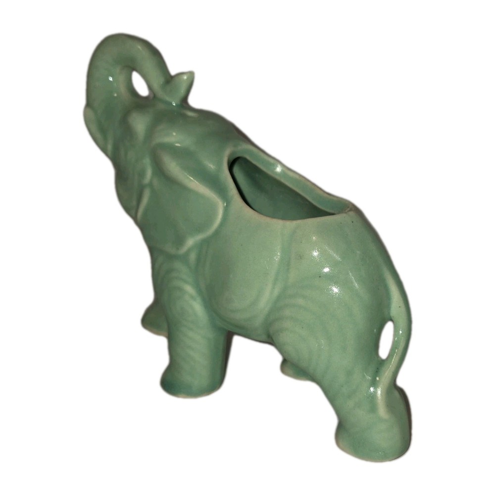 VTG Ceramic Elephant Planter Green Trunk Up Figural Spring Unmarked