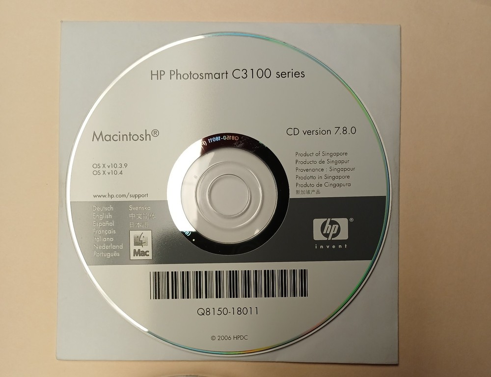 Software HP Photosmart C3100 Macintosh CD Version 7.8.0