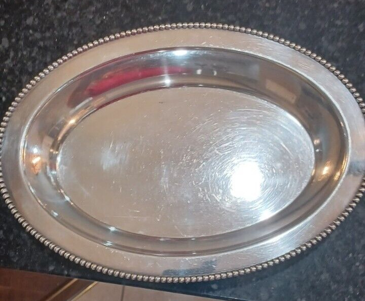 Vintage Beaded Silverplate Monogrammed Vegetable Serving Dish Bowl