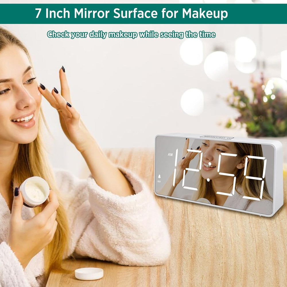 Digital Clock, Alarm Clock Battery Backup Powered for Bedrooms – Mirror Face Lar