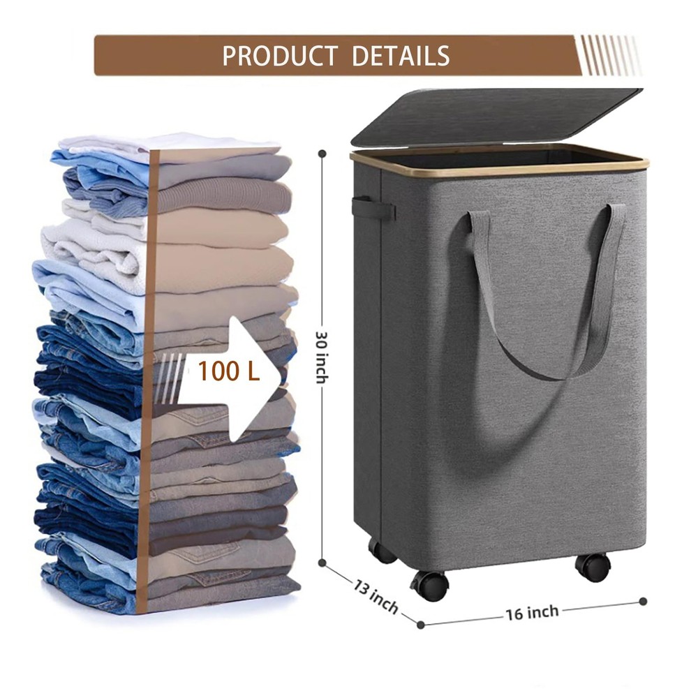 Large Laundry Basket with Wheels - 100L Rolling Hamper 100L, Grey