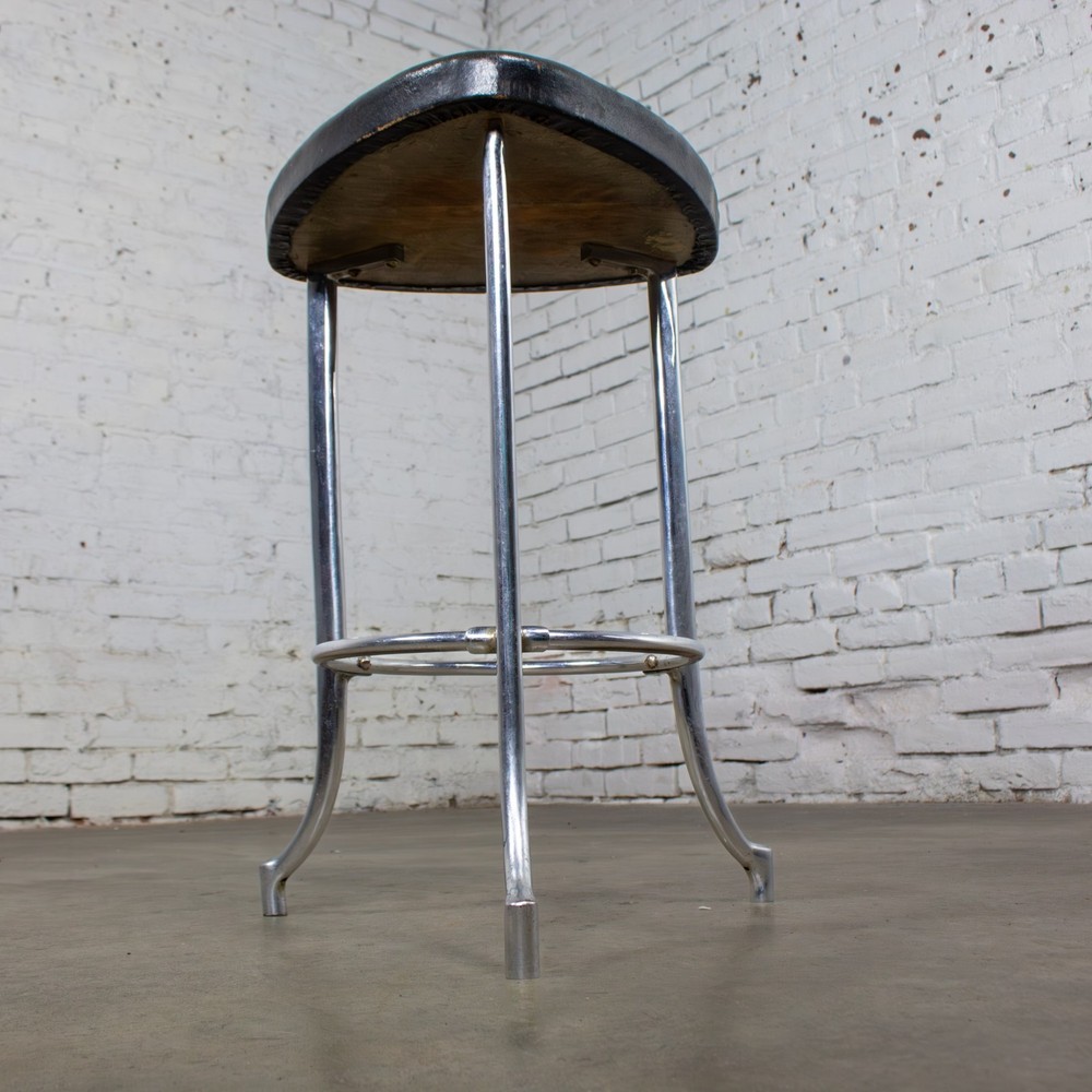 Art Deco Streamline Moderne Low Stool Solid Chrome Legs & Black Vinyl Seat