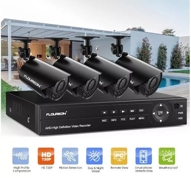 Floureon Security Camera NTSC System 4 AHD Cameras, 720P, 4CH DVR