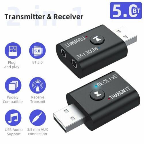 2in1 Bluetooth 5.0 USB Audio Transmitter Receiver Adapter Wireless for Car TV PC
