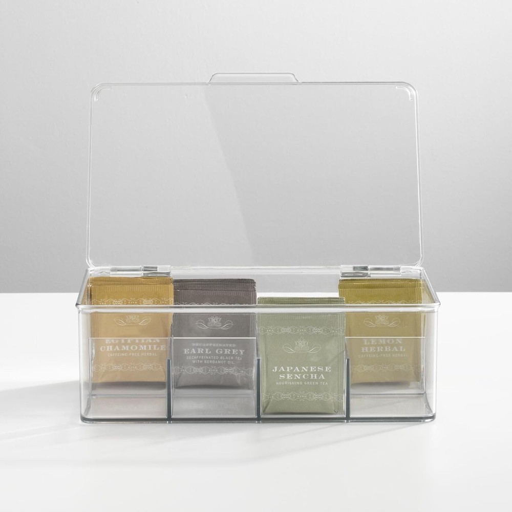 Single Serve Tea Bag Storage Box W/ Divided Compartments & Clear Lid