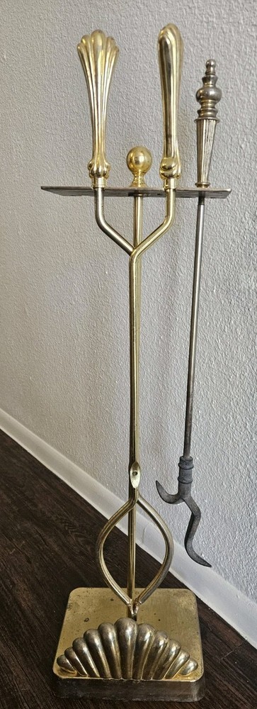 Vintage S.M.I. Solid Brass Fireplace Tool Set | Heavy Shell Nautical 29" | MCM