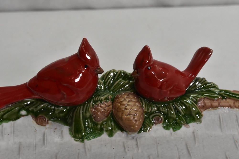 Holiday Serving Tray Cardinal Red bird Pine Cone & Snow Ceramic Rectangular Dish