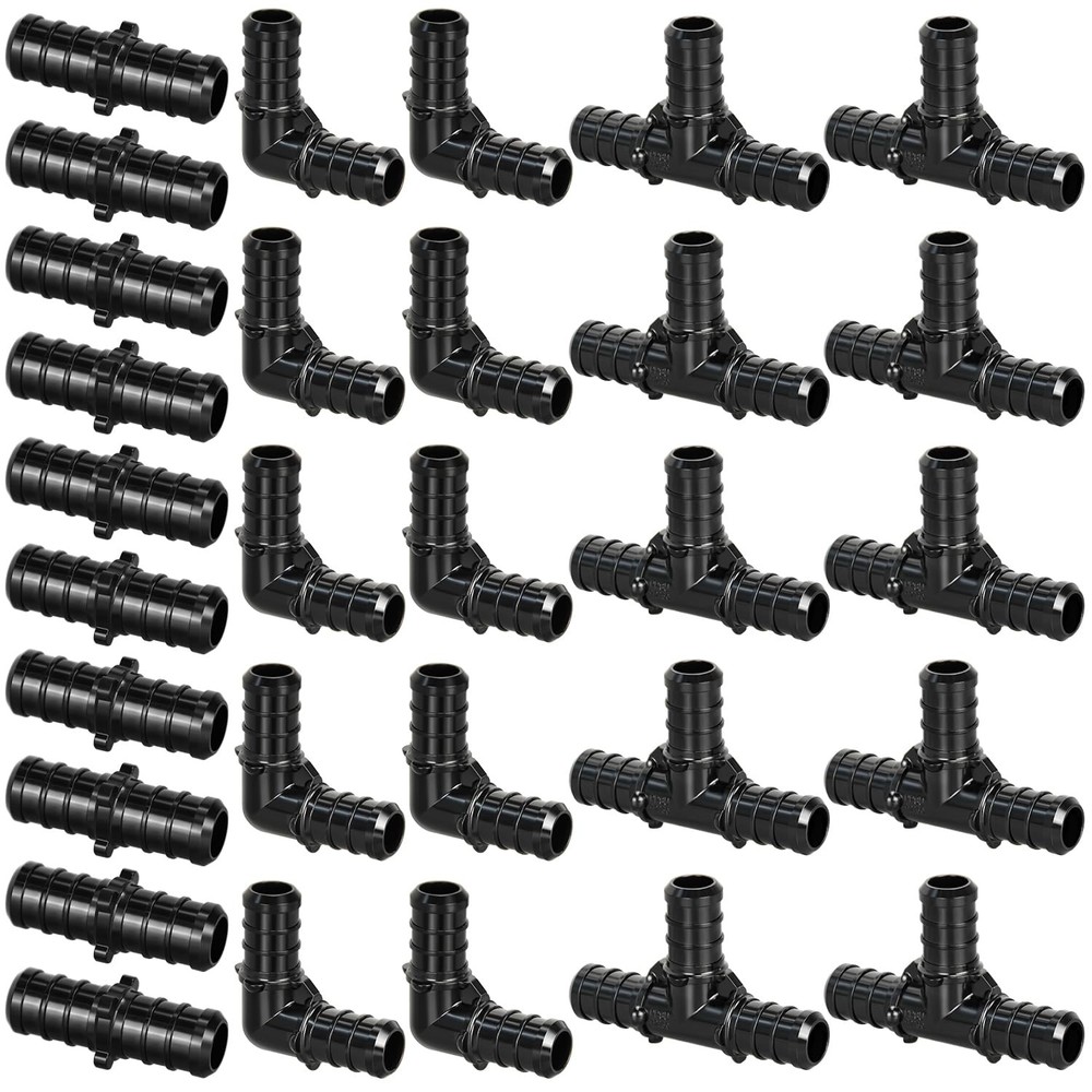 1/2" Poly PPSU Barb Crimp PEX Fitting, 30pcs Combo, 30pcs, Black