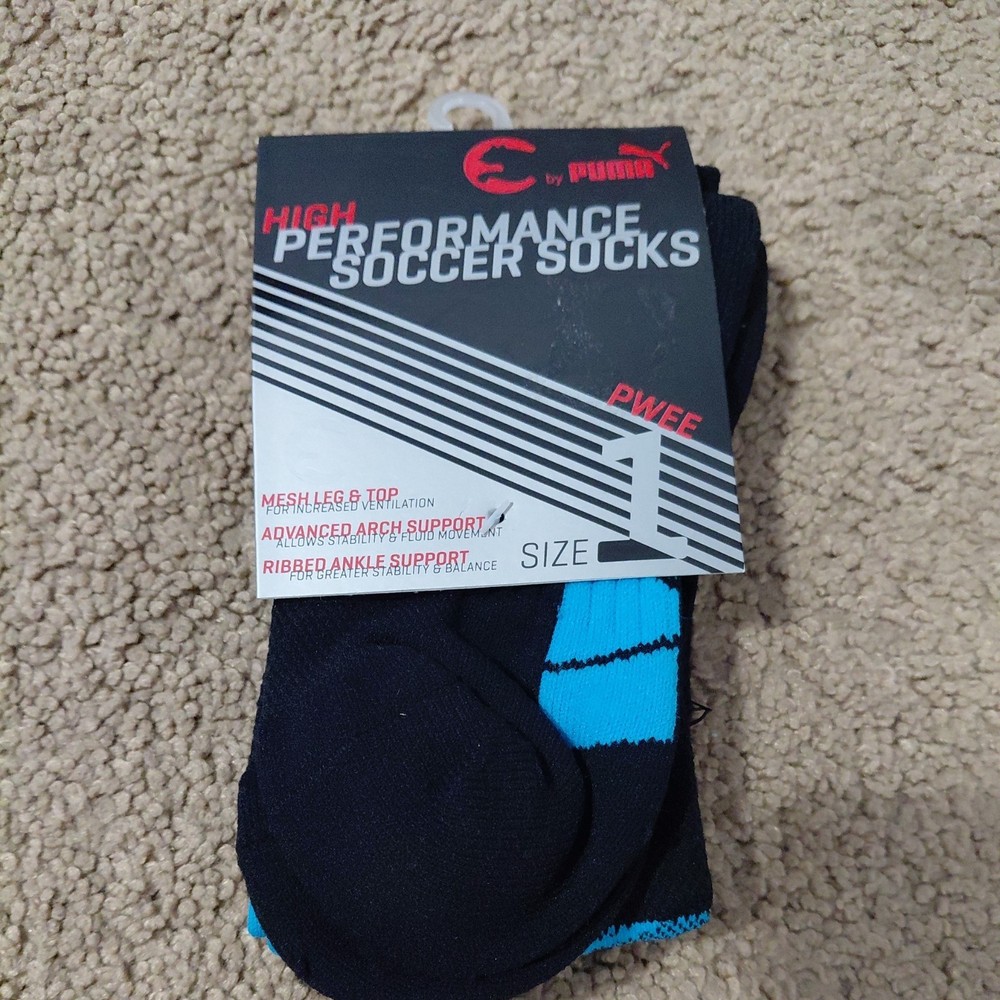 Puma Soccer Socks High Performance Size 1 PWEE Black Aqua NWT.