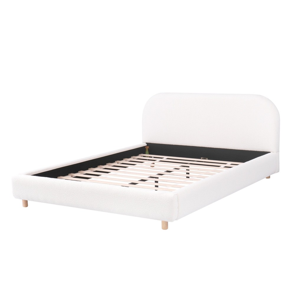 White Queen/King Size Upholstered Platform Bed with Headboard & Solid Wood Legs